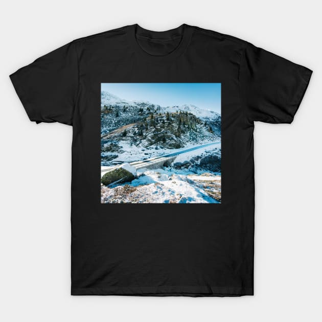 Swiss Alps - Road Through Swiss Alpine Mountains on Sunny Winter Day T-Shirt by visualspectrum